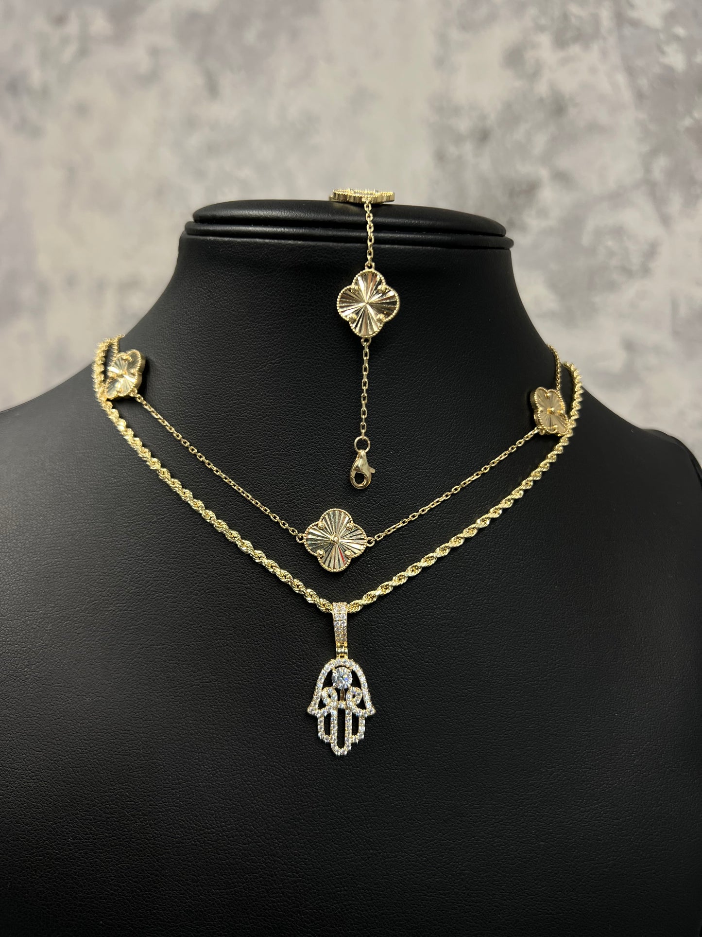 14K LUXURY SET CHOCKER WITH BRACELET AND HOLLOW ROPE CHAIN WITH HAMSA PENDANT