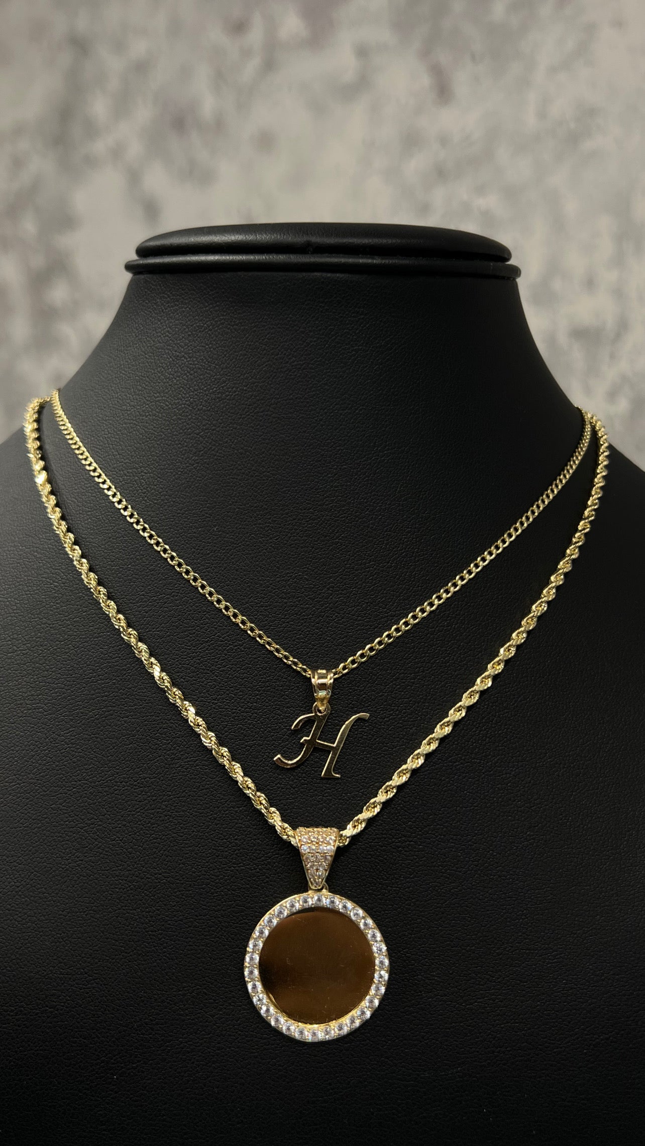 14K HOLLOW CUBAN CHAIN WITH INITIAL PENDANT AND HOLLOW ROPE CHAIN WITH PICTURE PENDANT