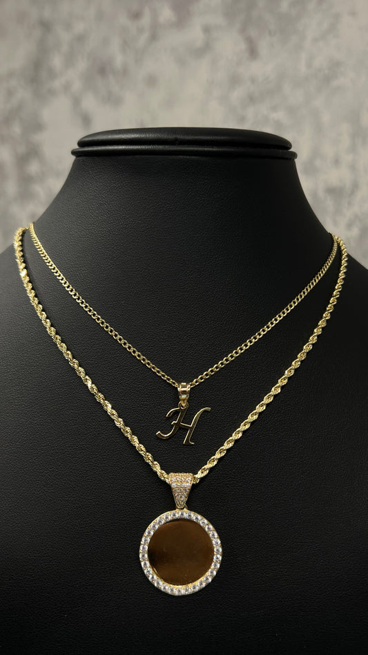 14K HOLLOW CUBAN CHAIN WITH INITIAL PENDANT AND HOLLOW ROPE CHAIN WITH PICTURE PENDANT