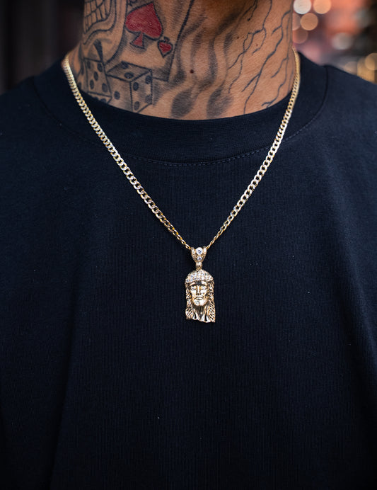 14K HOLLOW CUBAN CHAIN AND JESUS FACE PENDANT