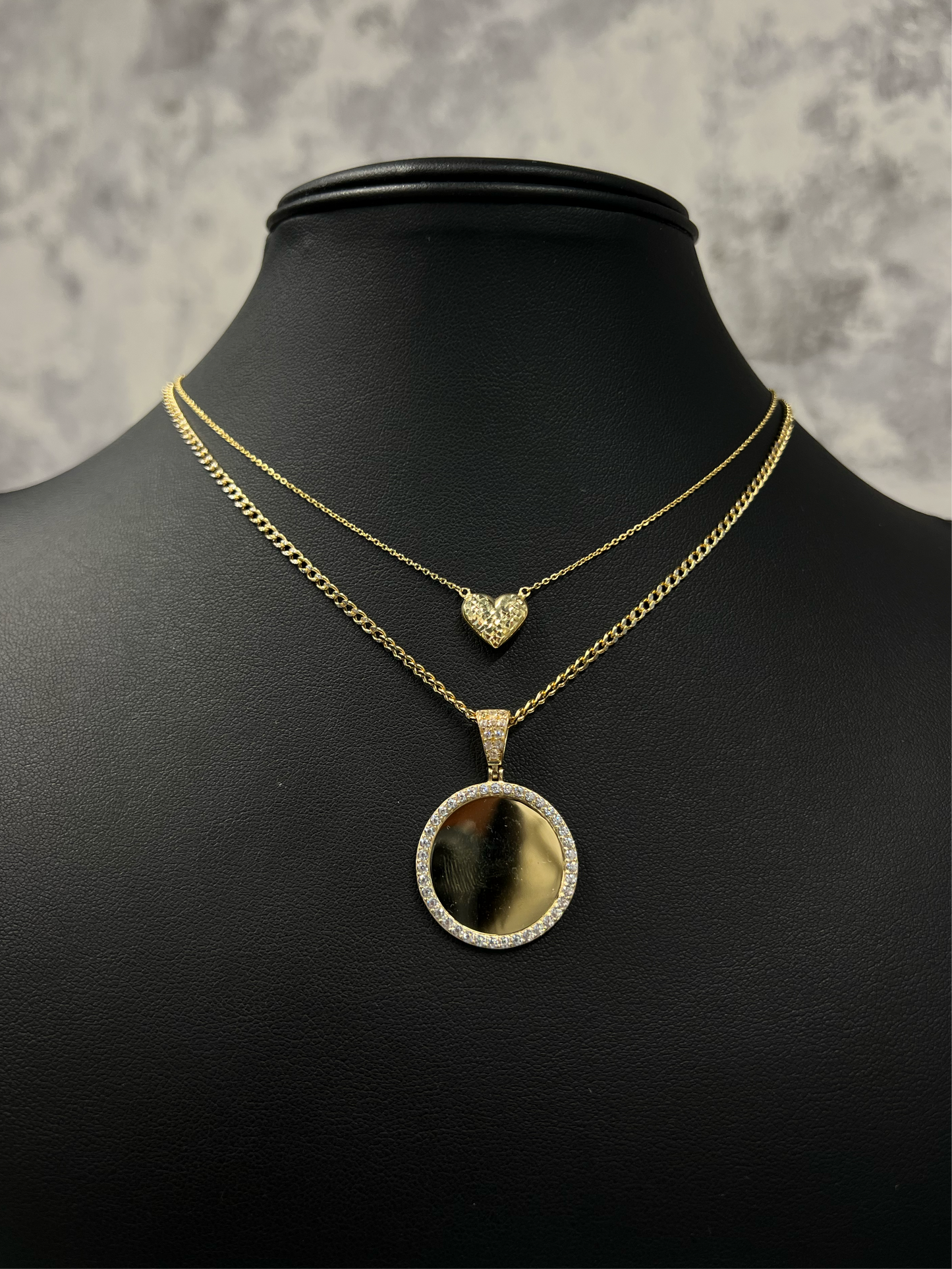 14K HEART NECKLACE, HOLLOW CUBAN CHAIN 2 TONES WITH PICTURE PENDANT