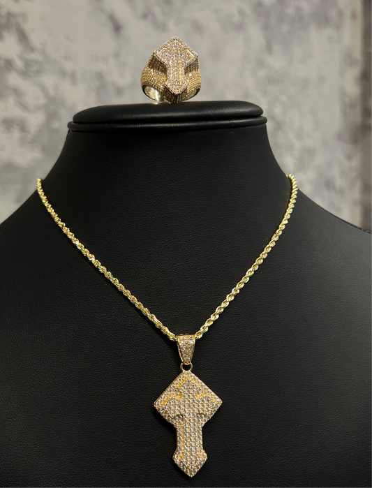 14K CROSS RING AND HOLLOW ROPE CHAIN WITH CROSS PENDANT