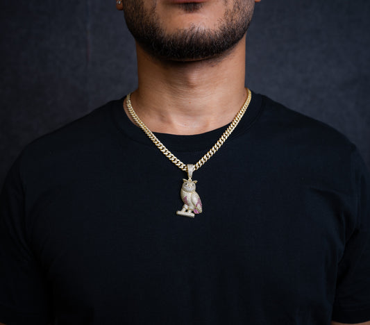 925 YELLOW CUBAN CHAIN FULL CZ WITH OWL PENDANT