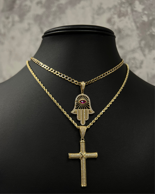 14K HOLLOW CUBAN CHAIN WITH HAMSA PENDANT AND HOLLOW ROPE CHAIN WITH CROSS PENDANT (4PCS)