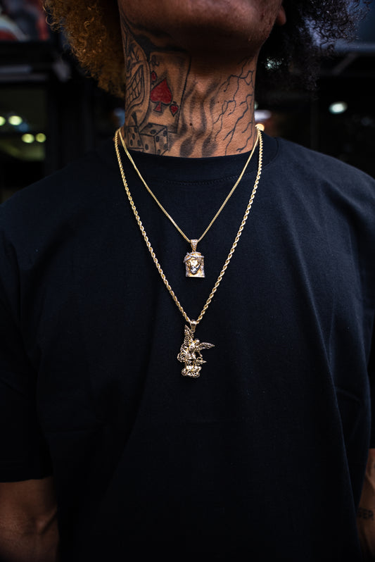14K HOLLOW ROPE CHAIN + SAN MIGUEL PENDANT WITH HOLLOW FRANCO + JESUS PENDANT