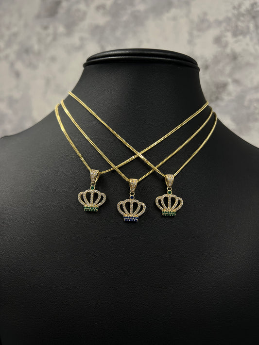 14K FRANCO CHAIN WITH CROWN PENDANT “ GREEN AND BLUE”