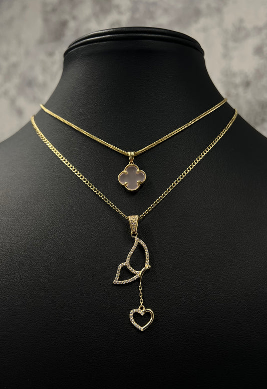 14K FRANCO CHAIN WITH TREBOL PENDANT AND HOLLOW CUBAN CHAIN WITH BUTTERFLY PENDANT