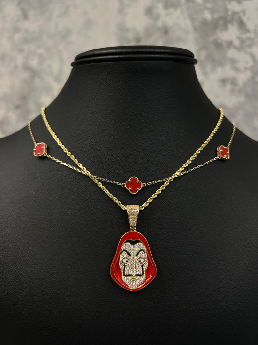 14K LUXURY CHOCKER AND HOLLOW ROPE CHAIN WITH RED MASK PENDANT
