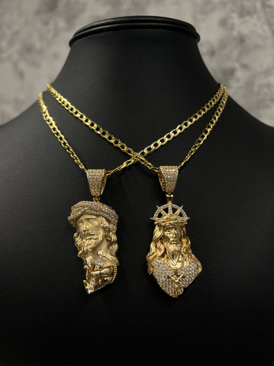 14K HOLLOW CUBAN CHAIN WITH JESUS PENDANT