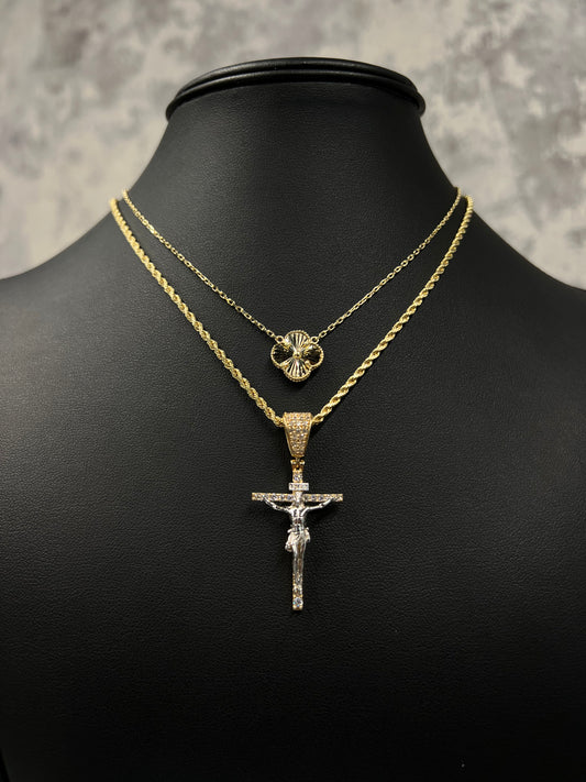 14K SET LUXURY NECKLACE AND HOLLOW ROPE CHAIN WITH CROSS PENDANT