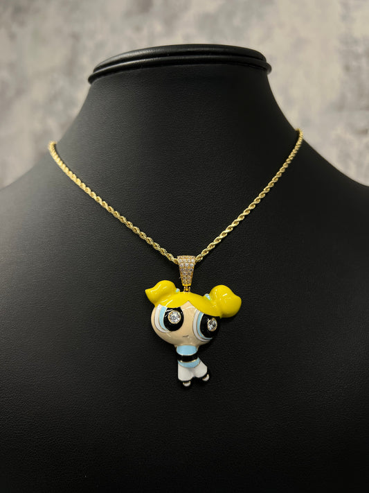 14K HOLLOW ROPE CHAIN WITH POWERPUFF GIRL PENDANT