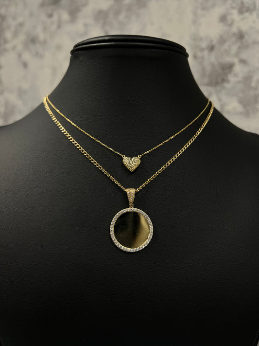 14K HEART NECKLACE, HOLLOW CUBAN CHAIN 2 TONES WITH PICTURE PENDANT