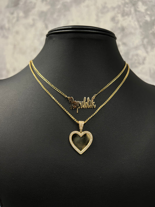 14K HOLLOW CUBAN CHAIN WITH CUSTOMIZE NAME PENDANT AND FRANCO CHAIN WITH HEART “ PIC” PENDANT