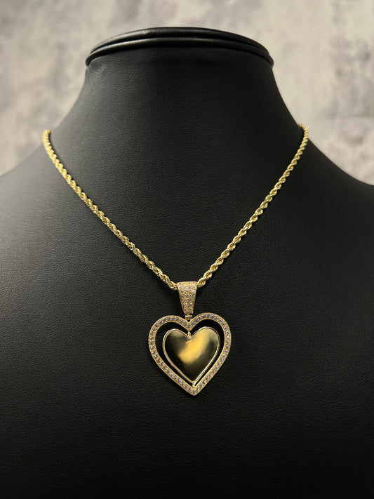 14K HOLLOW ROPE CHAIN WITH HEART “PIC” PENDANT (2 PICTURES)