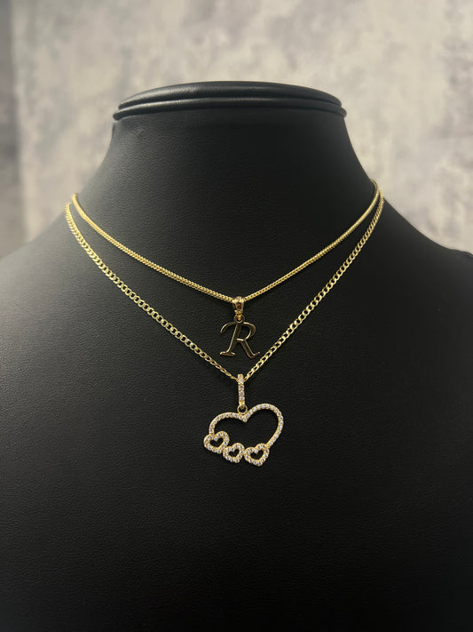 14K SET FRANCO CHAIN WITH INITIAL PENDANT & HOLLOW CUBAN CHAIN WITH HEART PENDANT