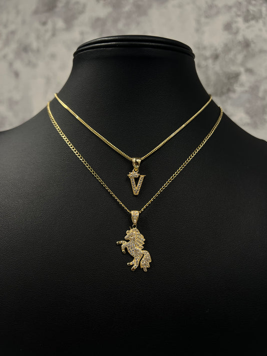 14K SET FRANCO CHAIN WITH INITIAL PENDANT & HOLLOW CUBAN CHAIN WITH HORSE PENDANT