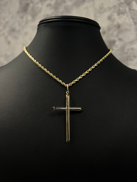 14K HOLLOW ROPE CHAIN WITH CROSS PENDANT