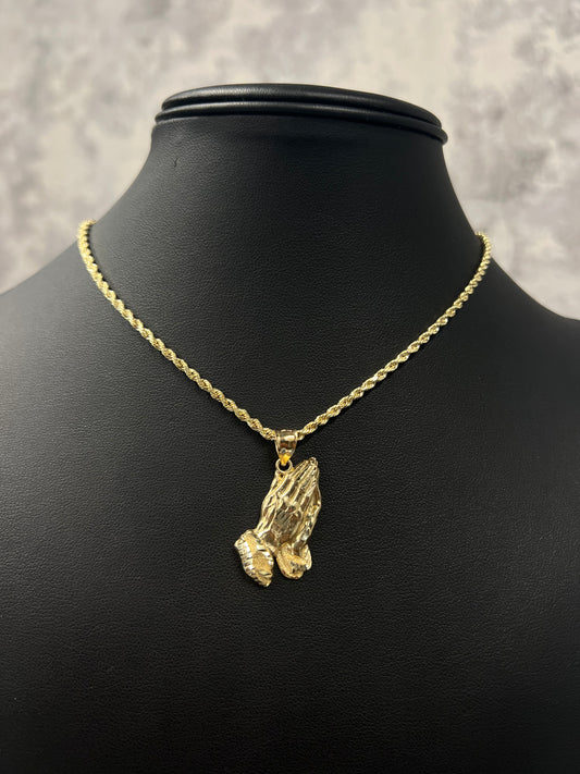 14K HOLLOW ROPE CHAIN WITH HANDS PENDANT