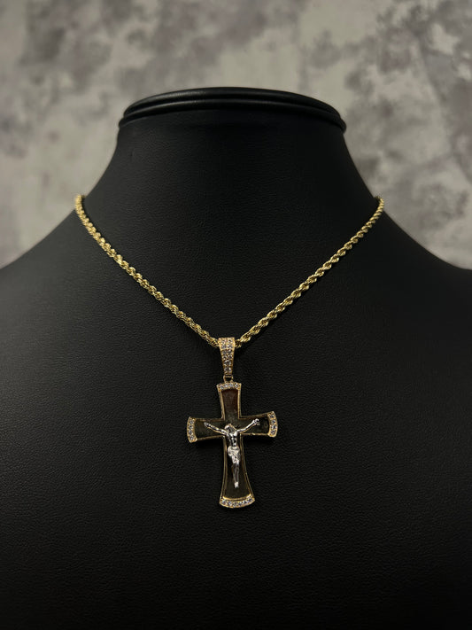 14K HOLLOW ROPE CHAIN WITH CROSS JESUS PENDANT
