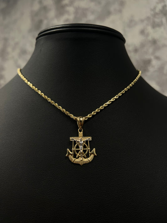 14K HOLLOW ROPE CHAIN WITH ANCHOR JESUS PENDANT