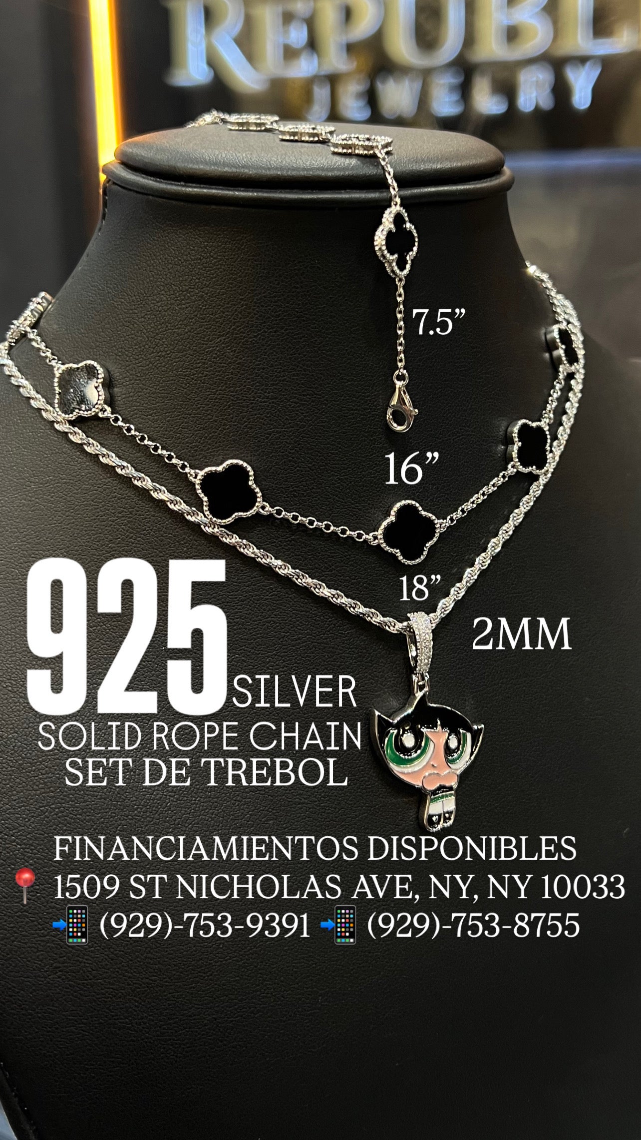 925 TREBOL SET WITH SOLID ROPE CHAIN AND PENDANT