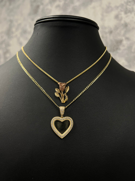 14K SET FRANCO CHAIN WITH ROSE PENDANT AND HOLLOW CUBAN CHAIN WITH HEART PICTURE PENDANT (4PCS)