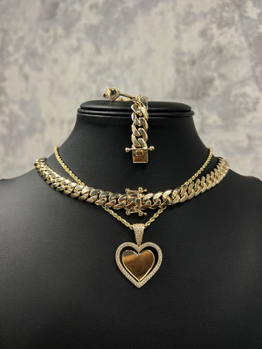 14K SEMI-SOLID CHOCKER WITH BRACELET, HOLLOW ROPE CHAIN WITH HEART PIC PENDANT AND HEART RING (5PCS)