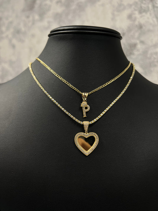 14K HOLLOW CUBAN CHAINS WITH INITIAL PENDANT AND ICE CHAIN WITH HEART PICTURE PENDANT