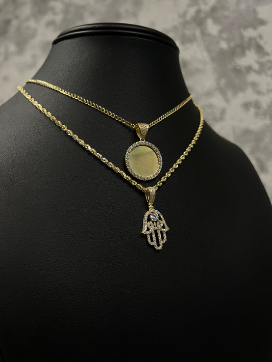14K HOLLOW CUBAN CHAIN WITH PIC PENDANT AND HOLLOW ROPE CHAIN WITH HAMSA PENDANT (4PCS)