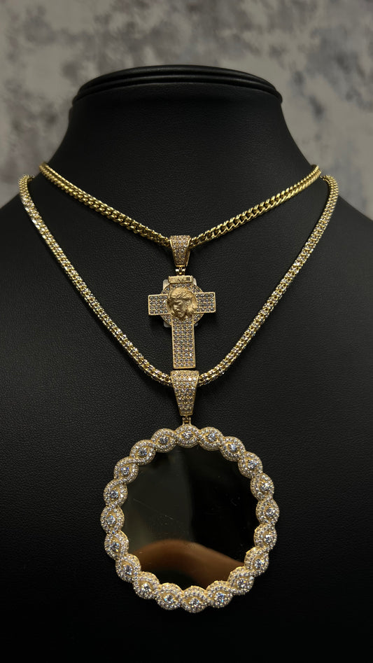 14K SET CUBAN CHAIN WITH CROSS PENDANT AND ICE CHAIN WITH PICTURE PENDANT AND RING “ FREE EARRINGS”.