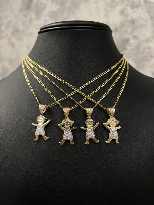 14K HOLLOW CUBAN CHAIN WITH GIRL-BOY PENDANT