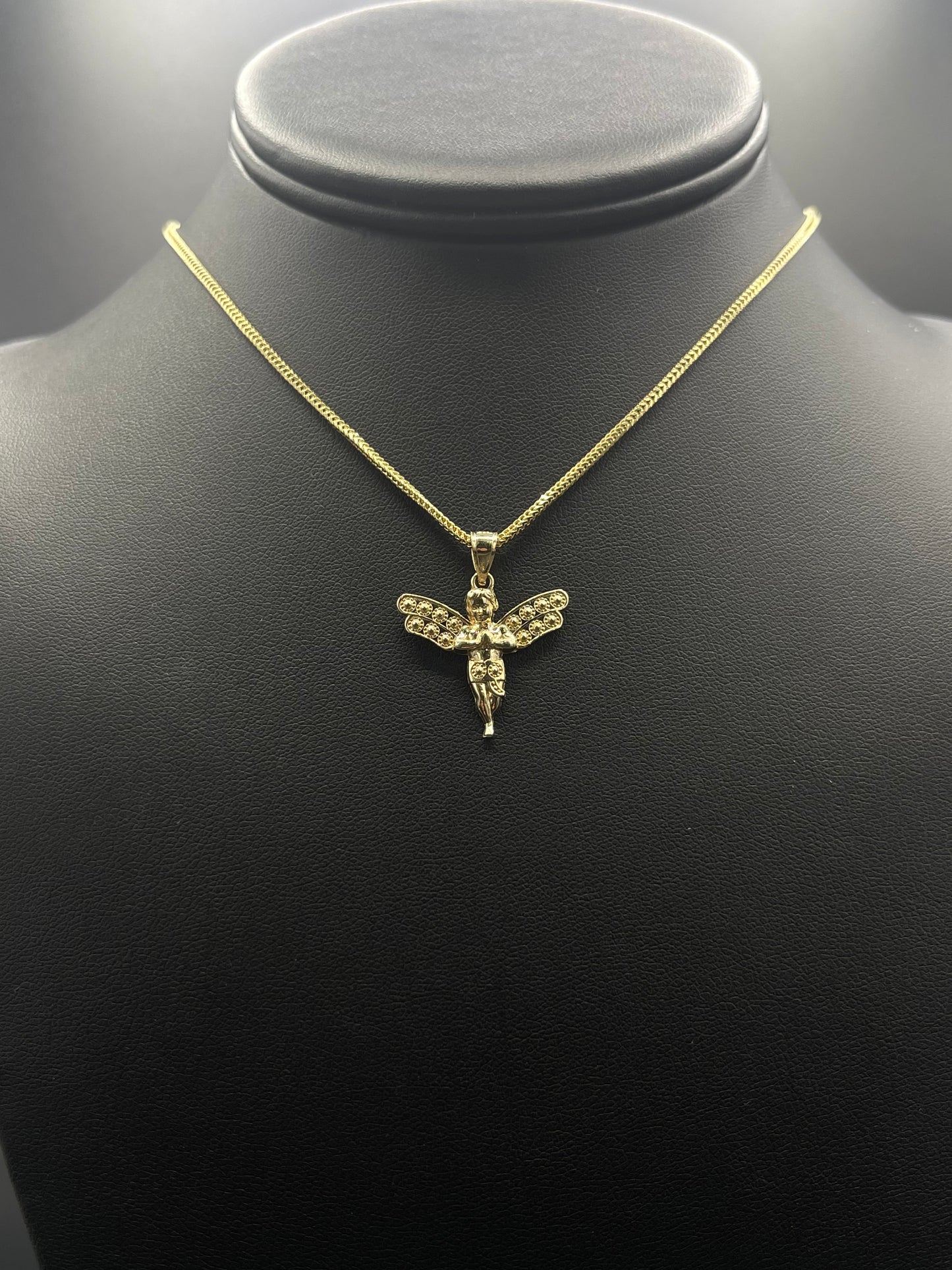 14K Small Hollow Franco Chain with Angel Pendant