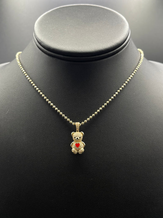 14K Solid Moon Cut 2MM With Red Bear Pendant