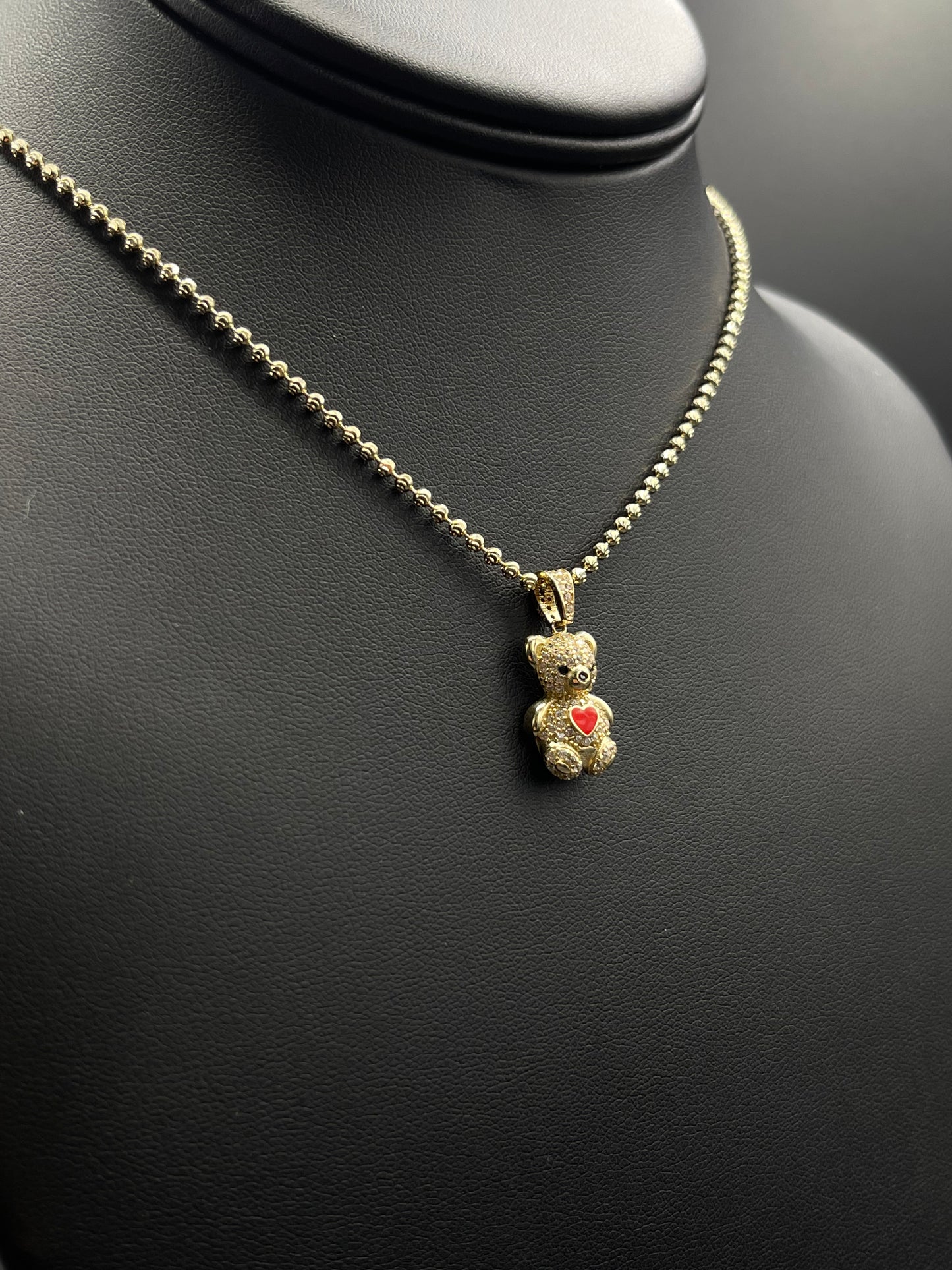 14K Solid Moon Cut 2MM With Red Bear Pendant