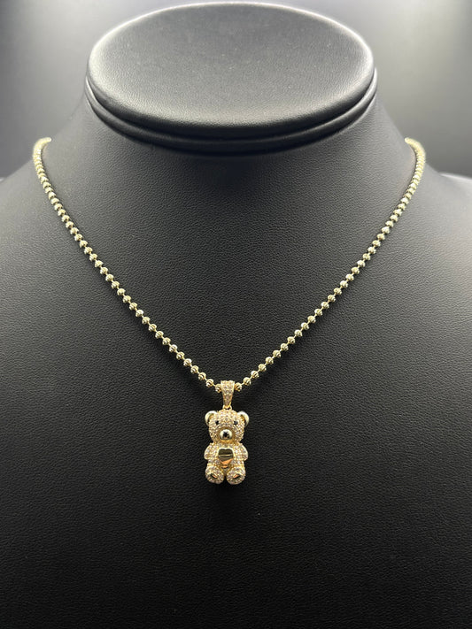 14K Solid Moon Cut 2MM With Bear Pendant