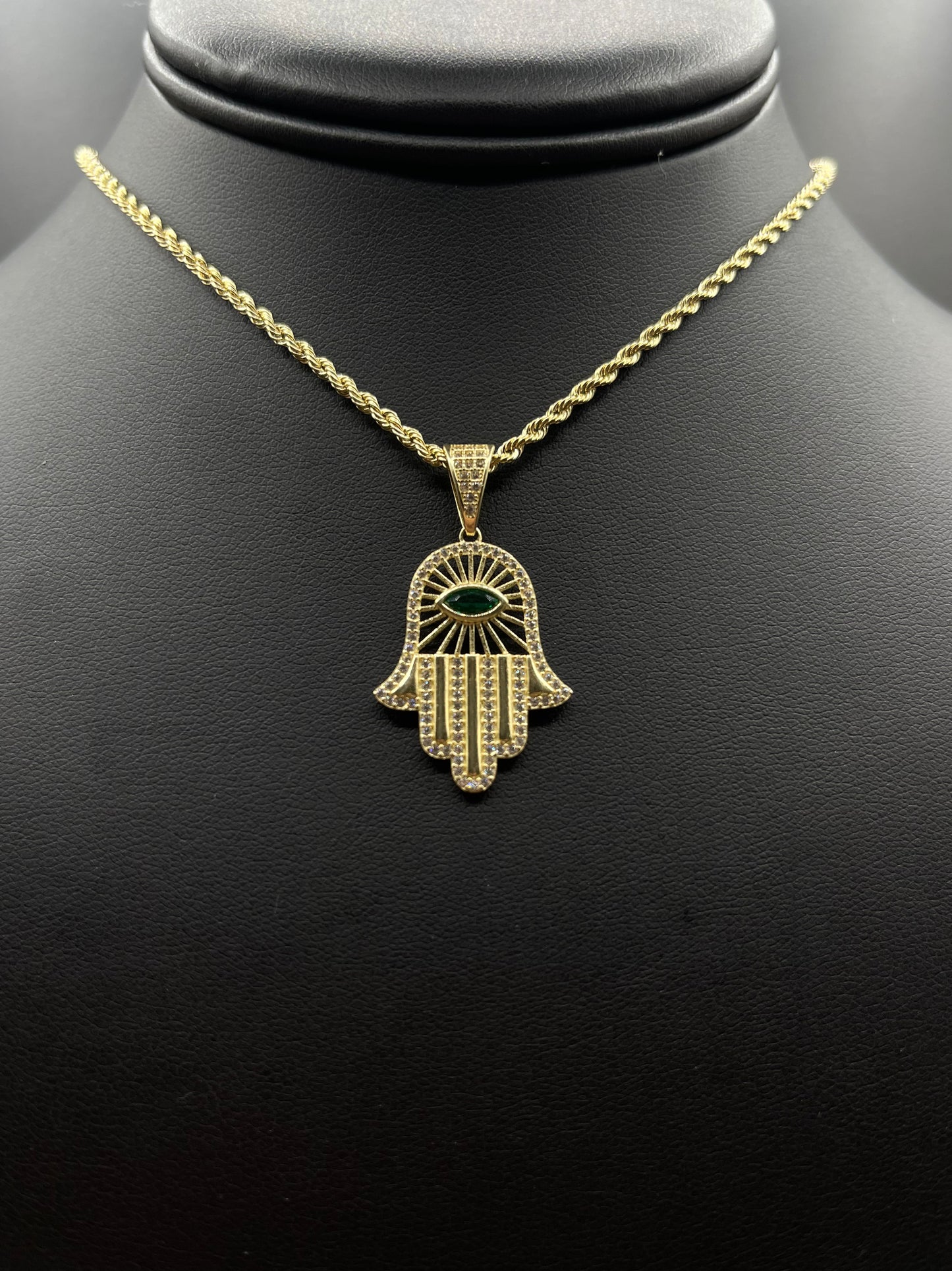 Rope Chain With Green CZ Hamsa Pendant