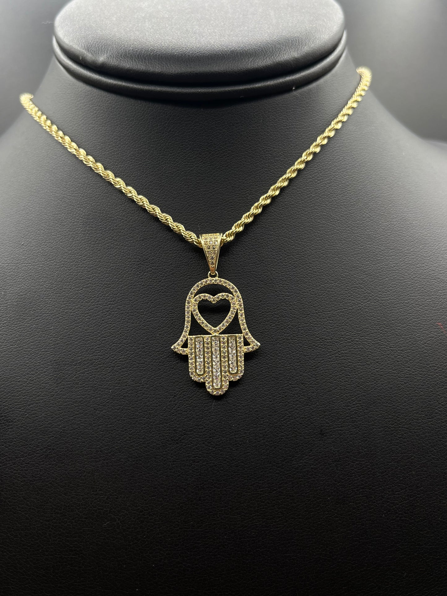 Rope Chain with Heart CZ Hamsa Pendant