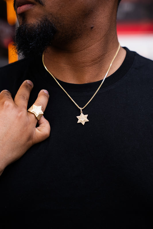 14K COMBINATION FRANCO CHAIN WITH STAR PENDANT “ NATURAL DIAMONDS” AND STAR RING