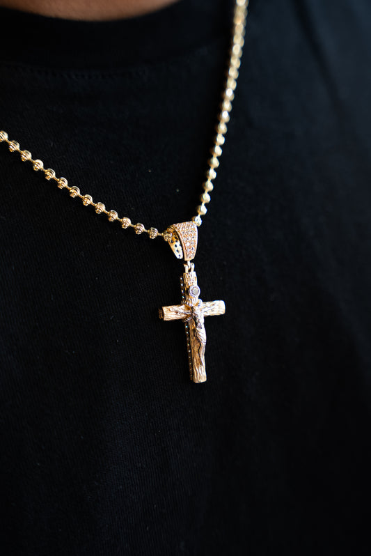 14K MOON CUT CHAIN WITH CROSS PENDANT