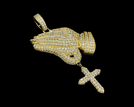 CZ Praying Hands With Cross Pendant