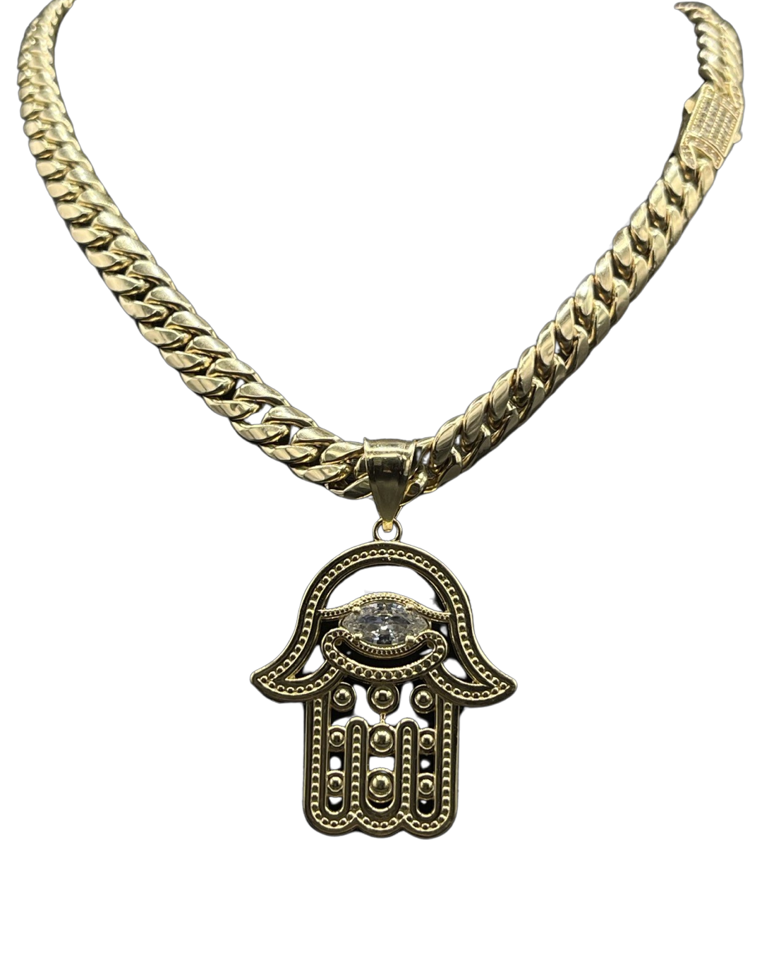 14K Hollow Chocker With Large Hamsa Pendant