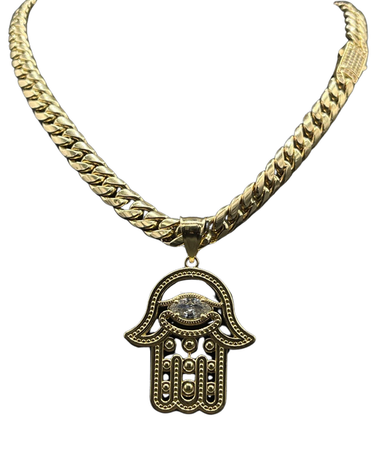 14K Hollow Chocker With Large Hamsa Pendant