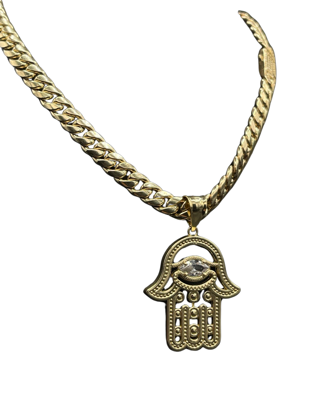 14K Hollow Chocker With Large Hamsa Pendant