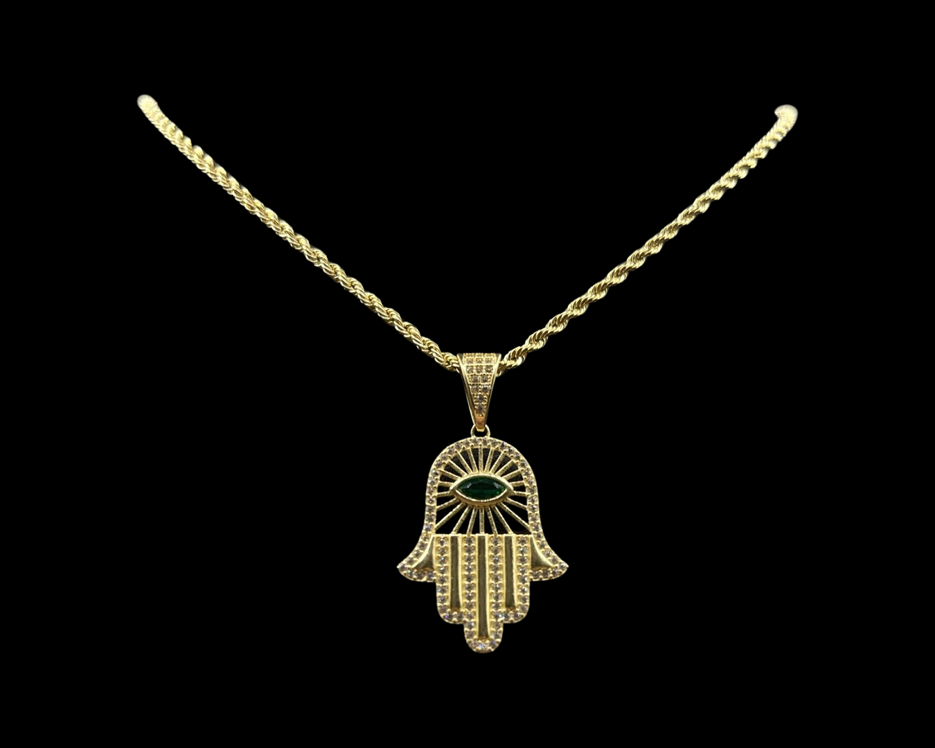 Rope Chain With Green CZ Hamsa Pendant