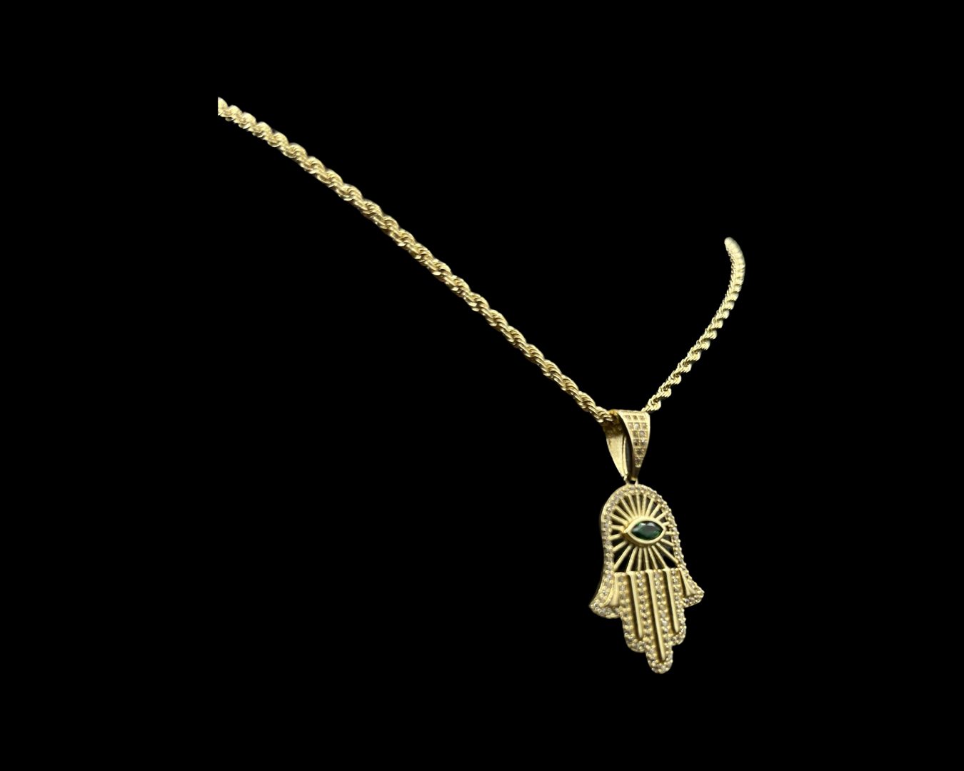 Rope Chain With Green CZ Hamsa Pendant