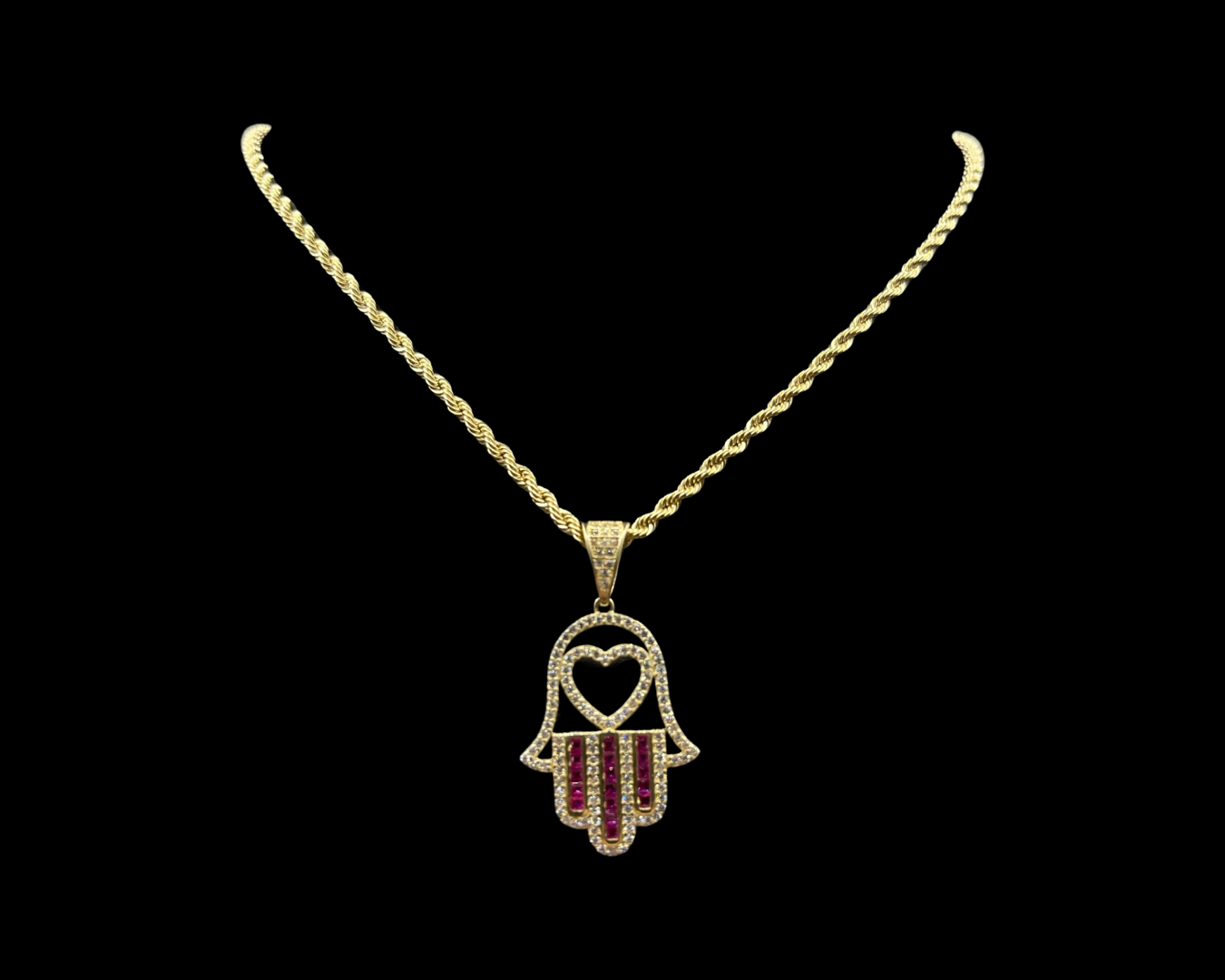 Rope Chain with Red Cz Baguette Hamsa