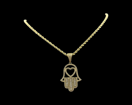 Rope Chain with Heart CZ Hamsa Pendant