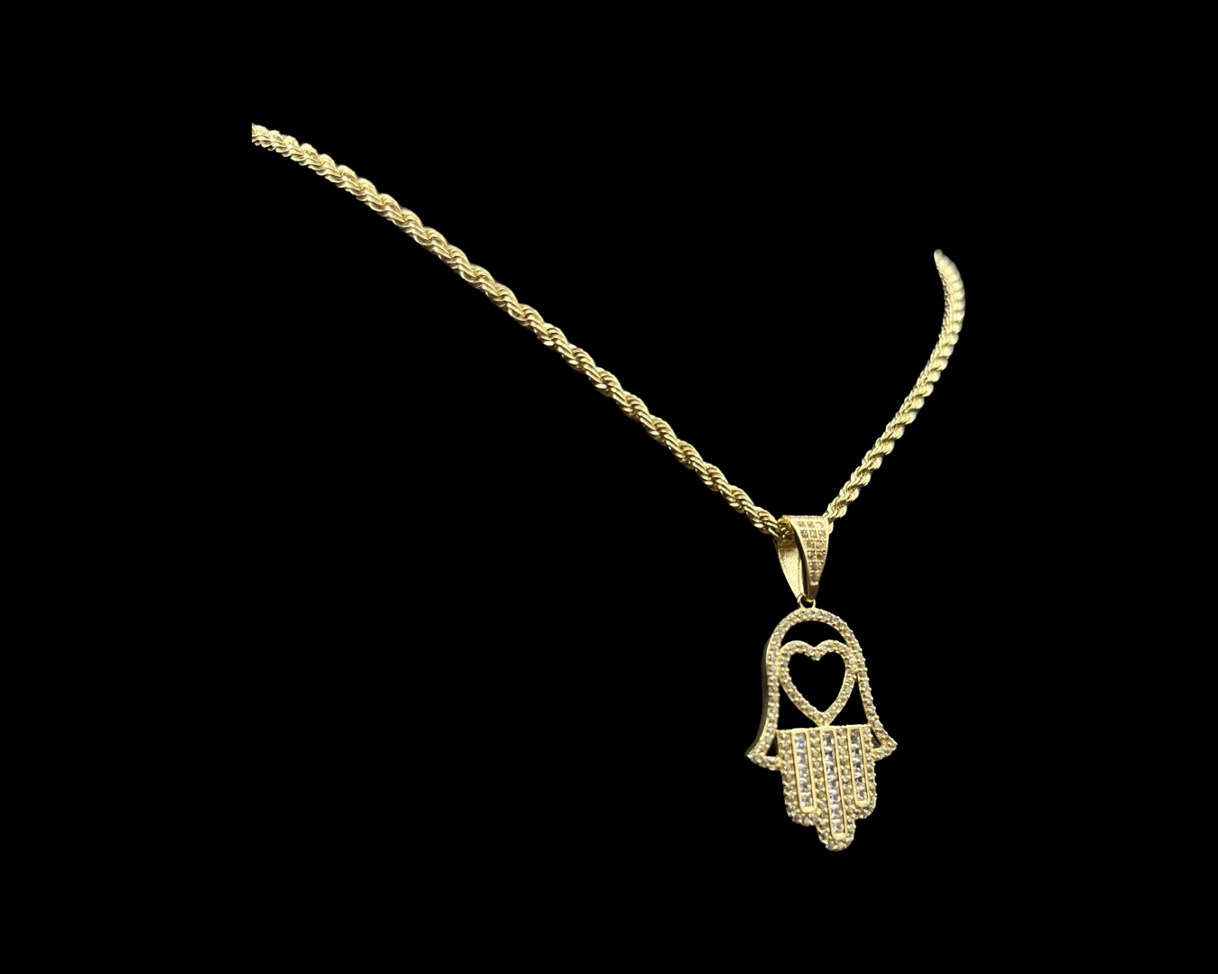 Rope Chain with Heart CZ Hamsa Pendant